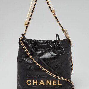 Chanel Black Quilted Shiny Calfskin Leather Pearl Strap Chanel 22 Mini Bag